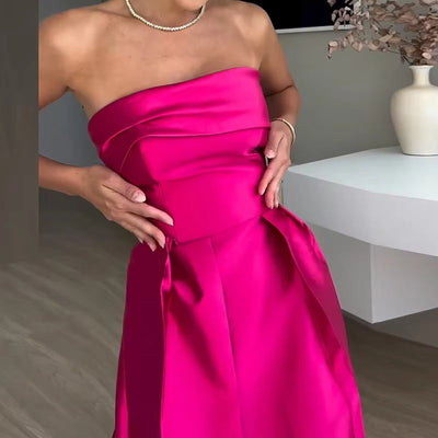 Strapless satin strapless long dress with openwork details - Valentina