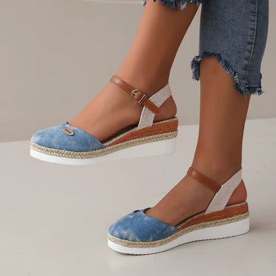 Women's canvas wedge sandals with adjustable espadrille style strap - Clara