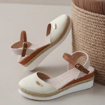Women's canvas wedge sandals with adjustable espadrille style strap - Clara