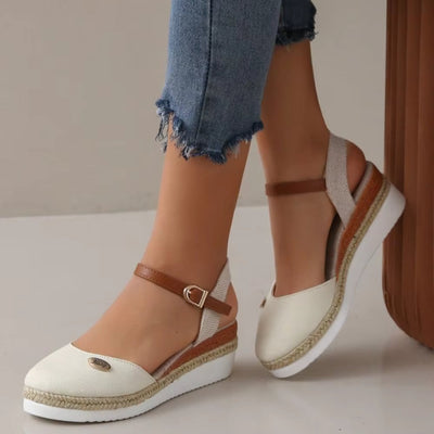 Women's canvas wedge sandals with adjustable espadrille style strap - Clara