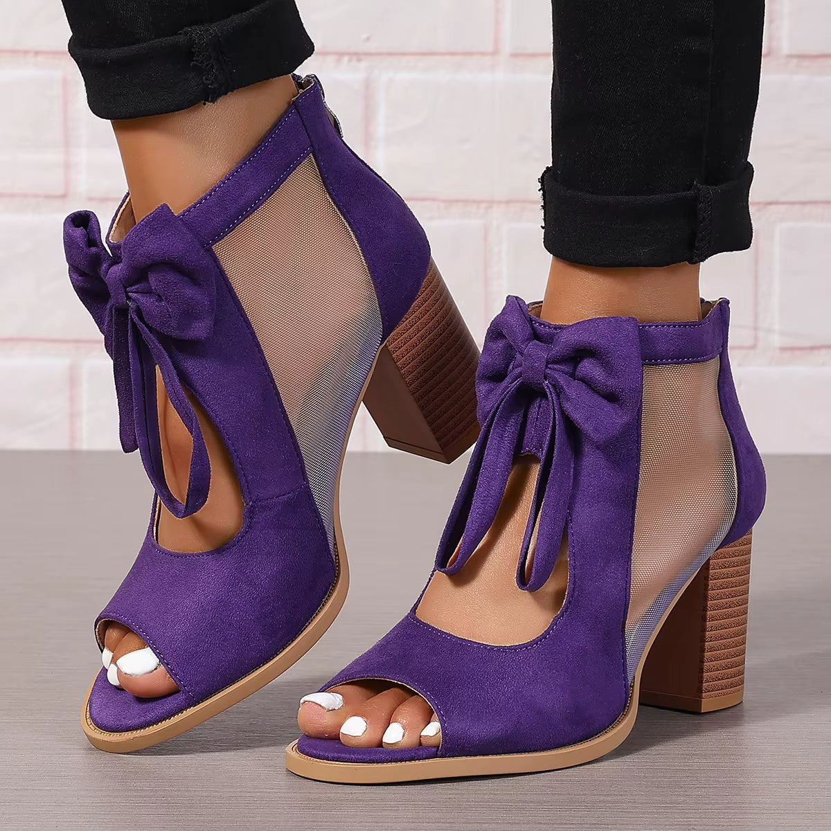 Women's heeled sandals with bow and mesh panels - Natalia