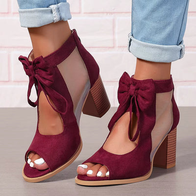 Women's heeled sandals with bow and mesh panels - Natalia