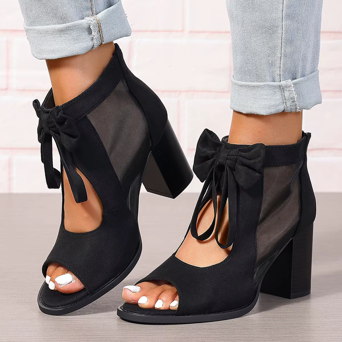 Women's heeled sandals with bow and mesh panels - Natalia