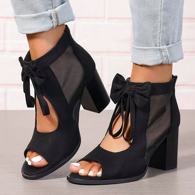 Women's heeled sandals with bow and mesh panels - Natalia