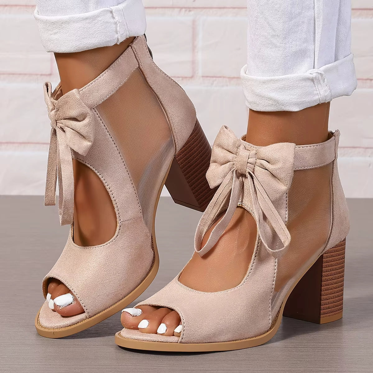 Women's heeled sandals with bow and mesh panels - Natalia