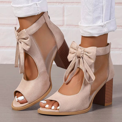 Women's heeled sandals with bow and mesh panels - Natalia