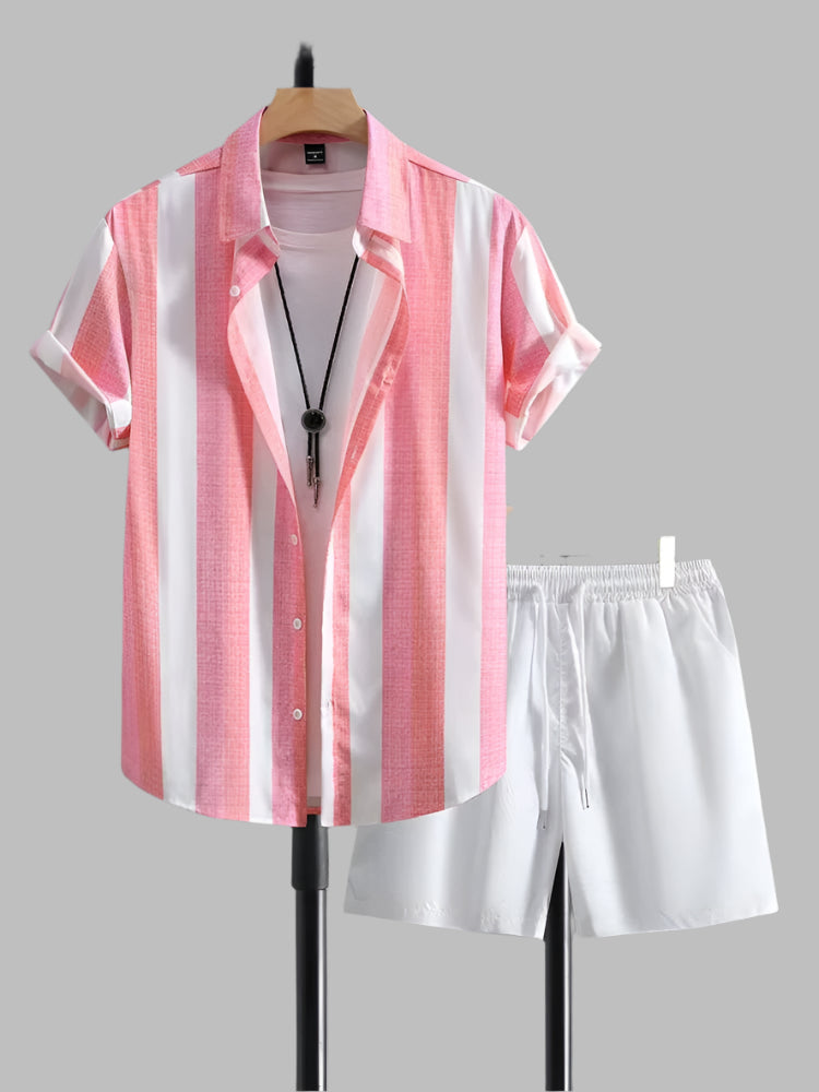 Men's summer set striped shirt, casual white shorts - Elio