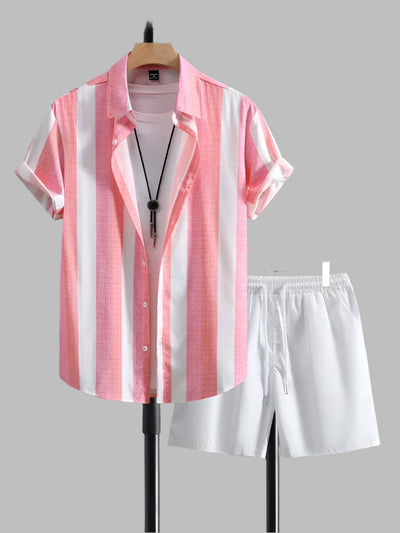 Men's summer set striped shirt, casual white shorts - Elio