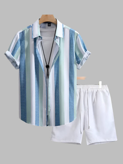 Men's summer set striped shirt, casual white shorts - Elio