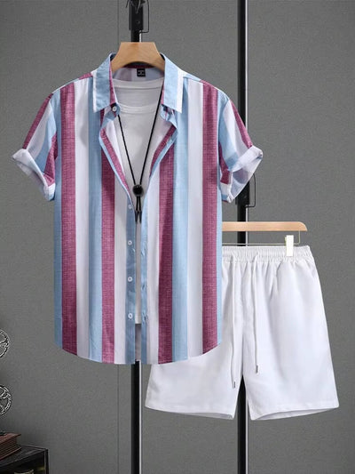 Men's summer set striped shirt, casual white shorts - Elio