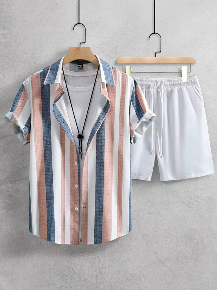 Men's summer set striped shirt, casual white shorts - Elio
