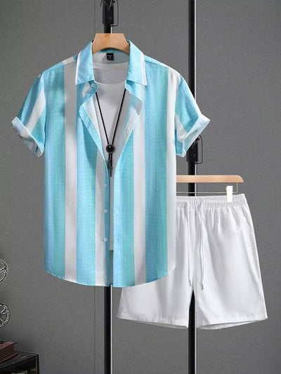 Men's summer set striped shirt, casual white shorts - Elio