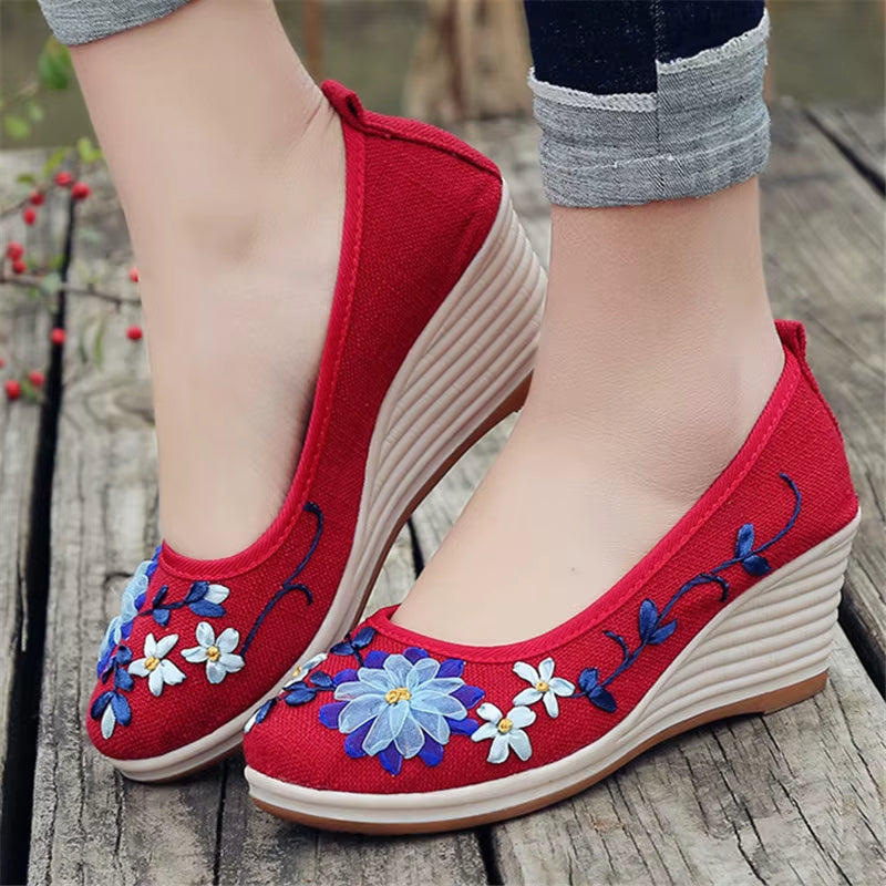 Women's wedge shoes with handmade floral embroidery - Amelia