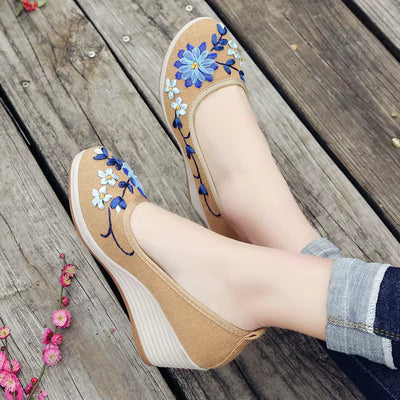 Women's wedge shoes with handmade floral embroidery - Amelia