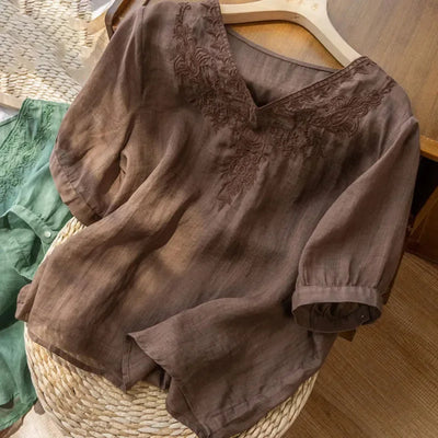 Woman's V-neck blouse embroidered linen bohemian style brown - Natalia