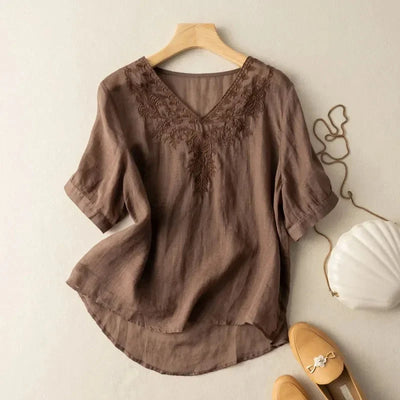 Woman's V-neck blouse embroidered linen bohemian style brown - Natalia