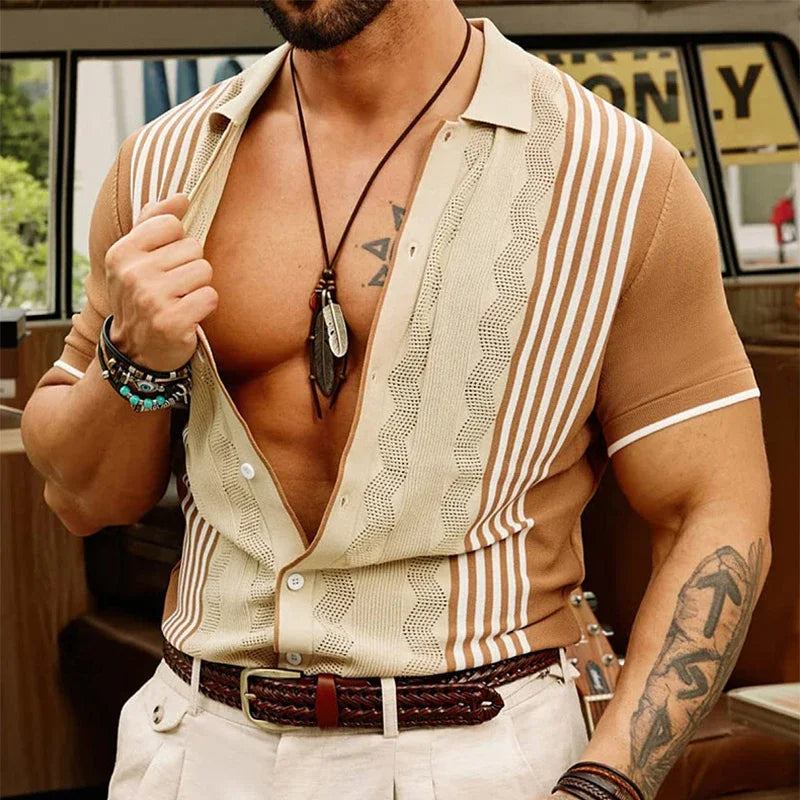 Men's vintage knitted shirt with beige and brown stripes - Renato