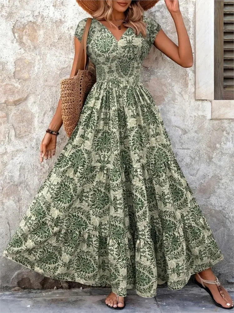 Woman long dress bohemian print V neckline green - Natalia