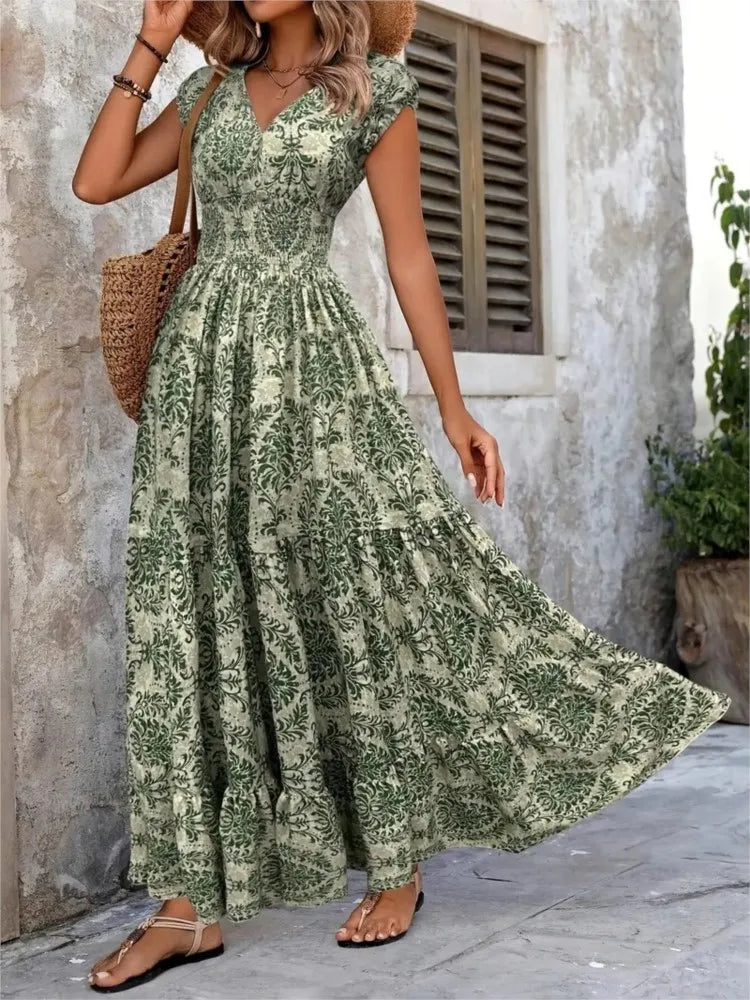 Woman long dress bohemian print V neckline green - Natalia