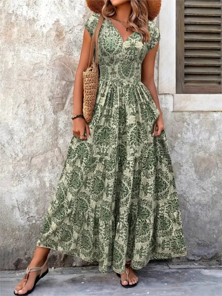Woman long dress bohemian print V neckline green - Natalia