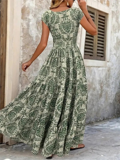 Woman long dress bohemian print V neckline green - Natalia