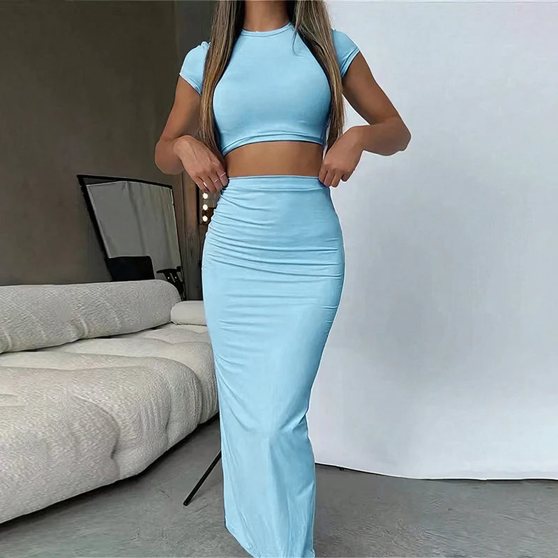 Women's two-piece set, short top and long skirt, light blue - Light blue