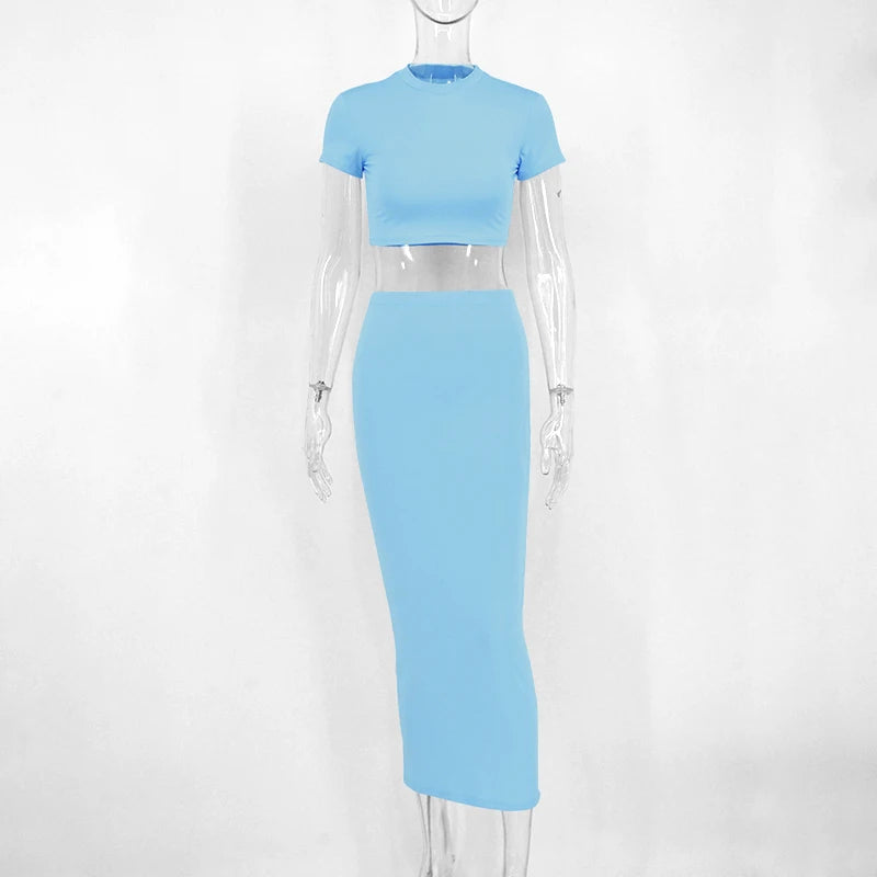 Women's two-piece set, short top and long skirt, light blue - Light blue