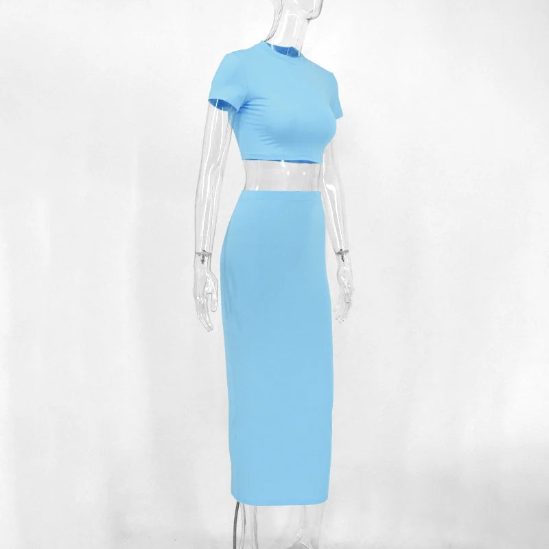 Women's two-piece set, short top and long skirt, light blue - Light blue