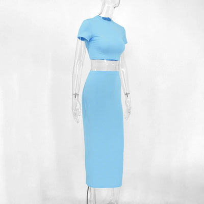 Women's two-piece set, short top and long skirt, light blue - Light blue