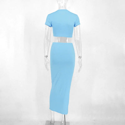 Women's two-piece set, short top and long skirt, light blue - Light blue