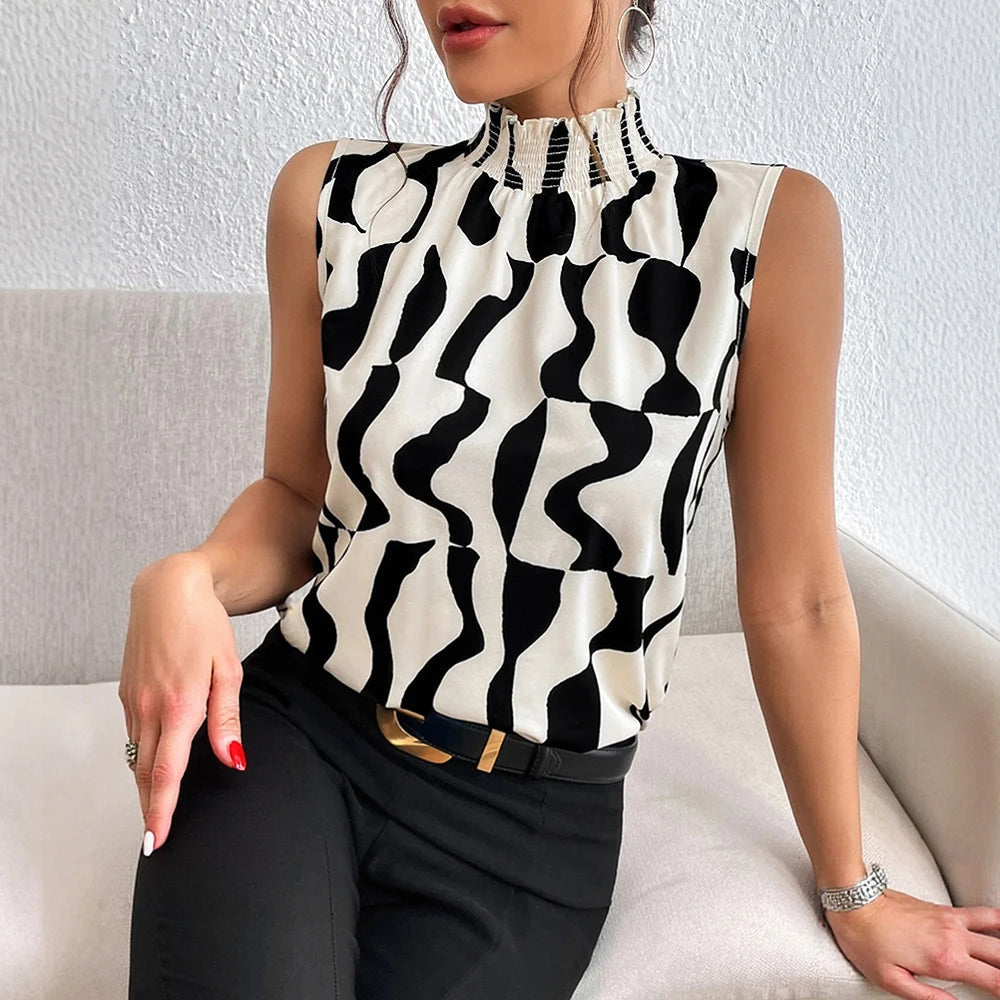 Women's sleeveless black and white abstract print turtleneck blouse - Renata