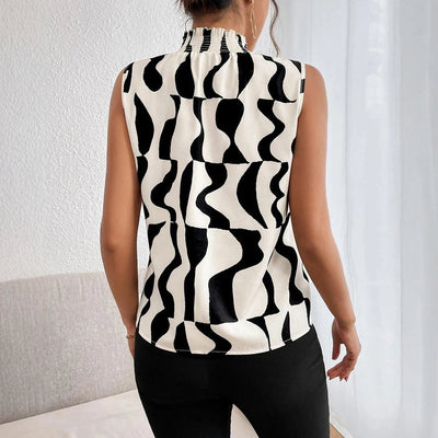 Women's sleeveless black and white abstract print turtleneck blouse - Renata