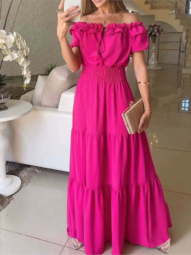 Off shoulder long dress with fuchsia ruffles - Malena