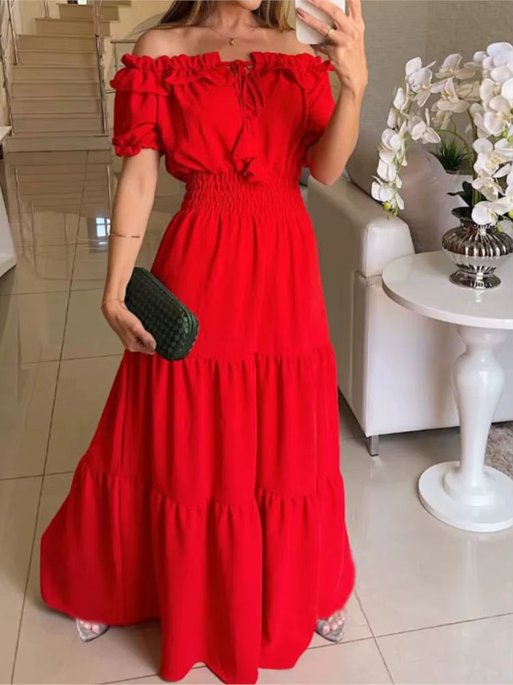 Off shoulder long dress with fuchsia ruffles - Malena