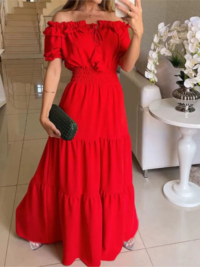 Off shoulder long dress with fuchsia ruffles - Malena