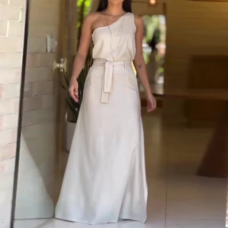 Women's two-piece one shoulder set with beige long skirt - Celina