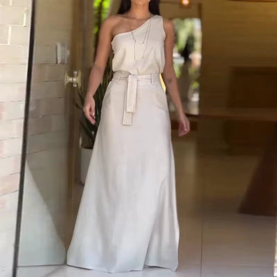 Women's two-piece one shoulder set with beige long skirt - Celina