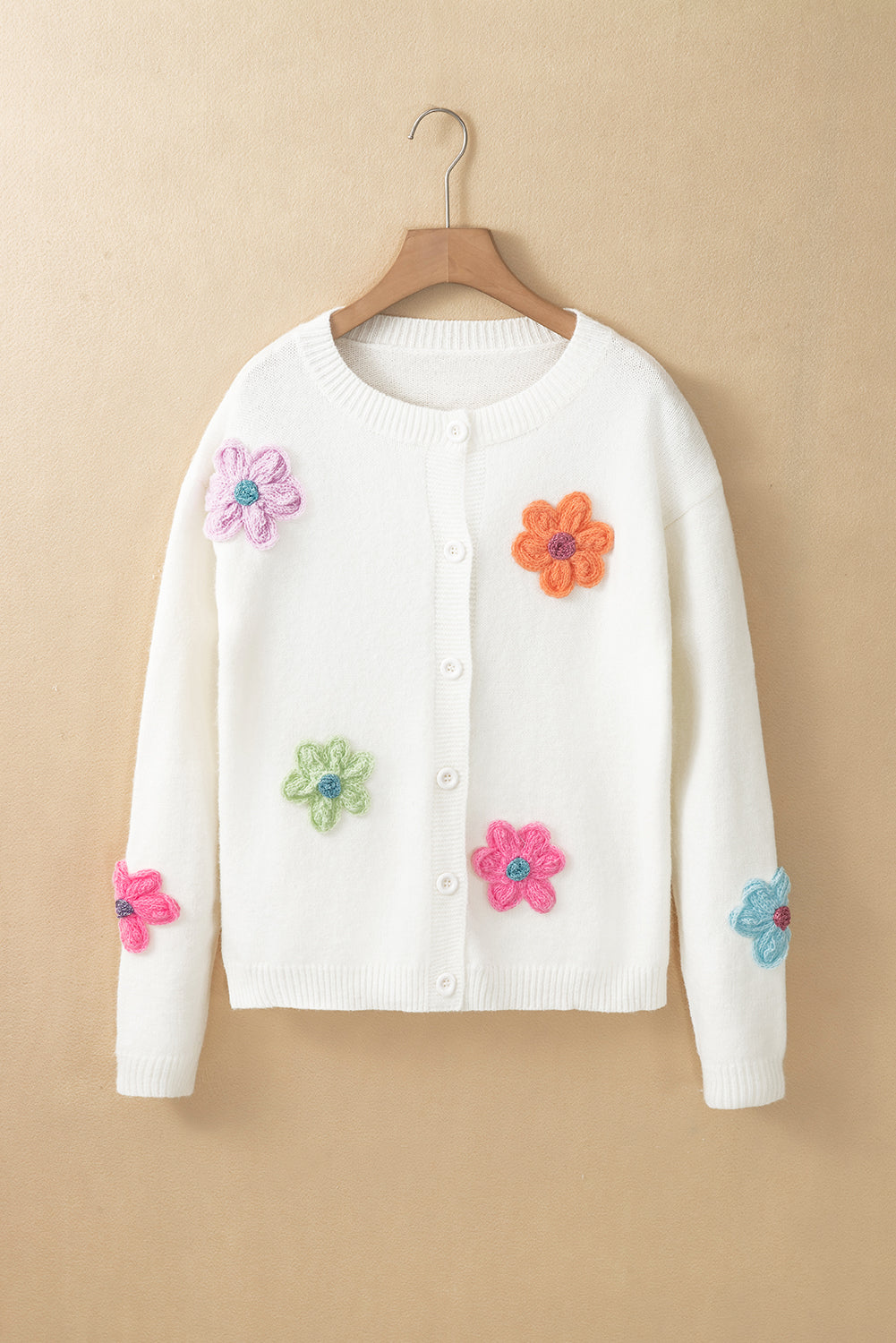 Women's Knit Button Cardigan with 3D Floral Appliqué - Eloria