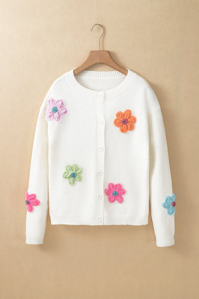 Women's Knit Button Cardigan with 3D Floral Appliqué - Eloria