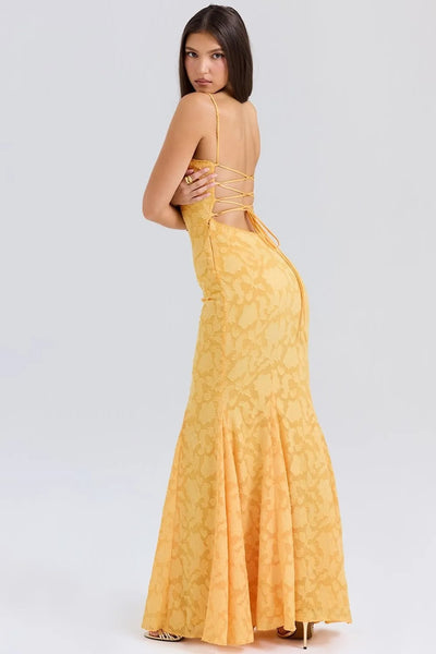 Women's long dress with elegant yellow lace straps with mermaid effect - Aurélie