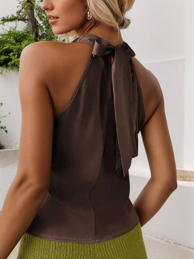 Women's sleeveless blouse satin draped neckline brown - Loren
