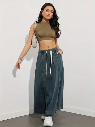Long denim skirt with adjustable drawstring, comfortable and versatile perfect for a casual and trendy look