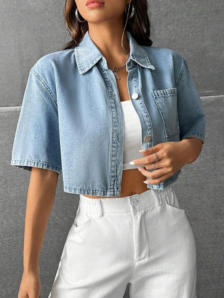 Women's casual short denim shirt with front pocket - Emilia