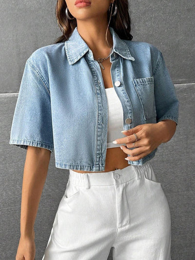 Women's casual short denim shirt with front pocket - Emilia