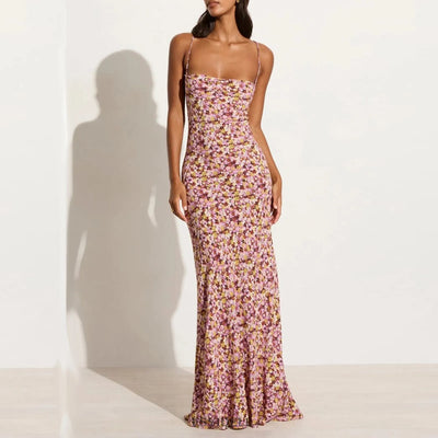 Lenay - Strappy Floral Print Crisscross Flowy Long Sundress