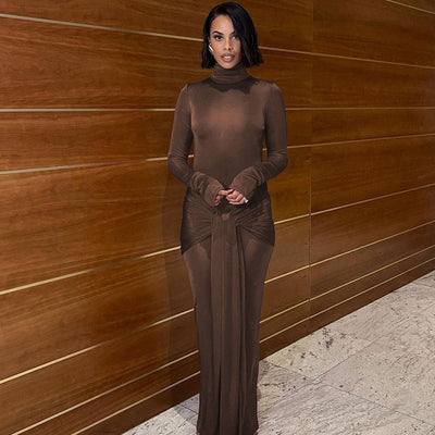 Monet - Elegant Turtleneck Long Sleeve Maxi Dress