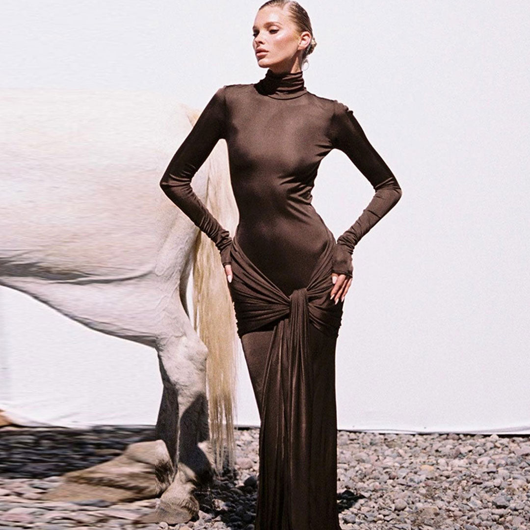 Monet - Elegant Turtleneck Long Sleeve Maxi Dress