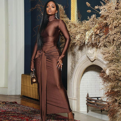 Monet - Elegant Turtleneck Long Sleeve Maxi Dress