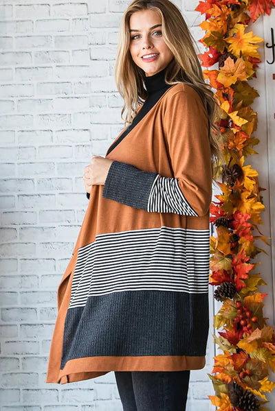 Cardigan - Women - Colorblock Open Front with Striped Hem - Brown Mix - Renée