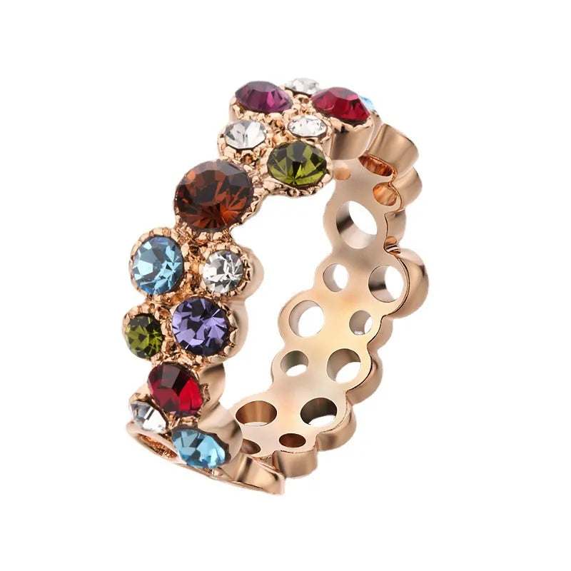 Women's Multicolor Crystal Ring Gold-Plated Band - Elena
